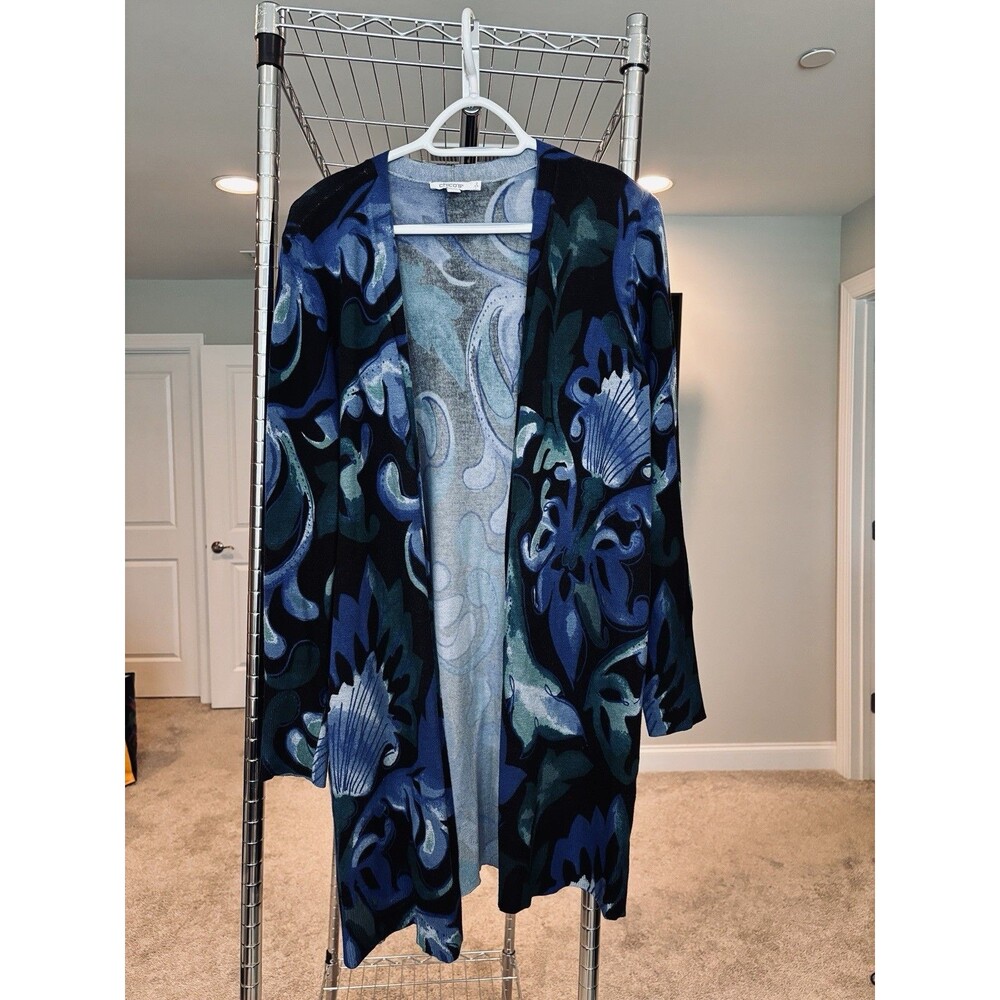 Chico’s Women’s 2/L Open Front Longline Cardigan blue multicolor duster layers